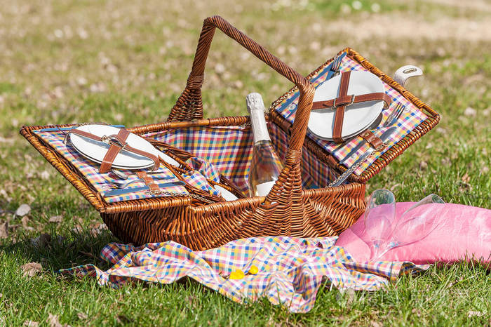 在草地上野餐篮