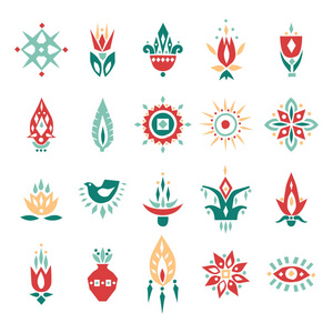 花朵符号集矢量集手绘彩色切出非洲的花朵和符号.