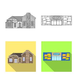建筑物和前面标志的孤立对象。建筑物和屋顶股票矢量图集