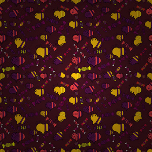 矢量无缝模式与糖果在棕色, 紫色和黄色。可爱的纺织, 贺卡, 网页设计 美味的现实 seamles 背景 图形梦幻般的糖果