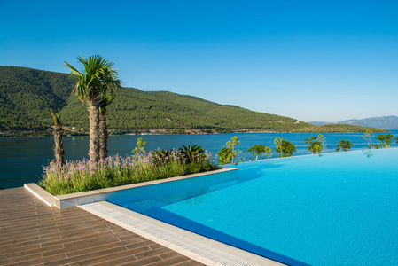 漂亮的游泳池在户外上灿烂夏日照片