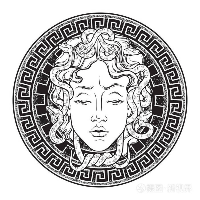 美杜莎头上的盾手画线艺术和点工作纹身或打印设计孤立的矢量插图.