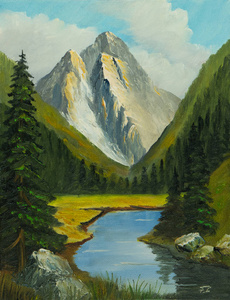 背景为河流与山脉的狭窄山谷油画照片