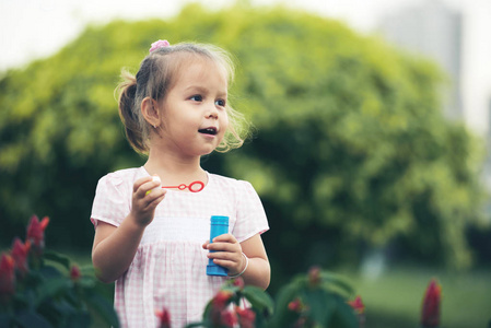 快乐的小女孩在公园的夏日吹肥皂泡
