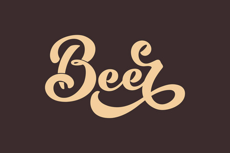 啤酒。标志, 手写的餐厅, 咖啡馆菜单的字样。画啤酒杯。标签徽标徽章贴纸或图标的矢量元素。矢量插画, 食品设计