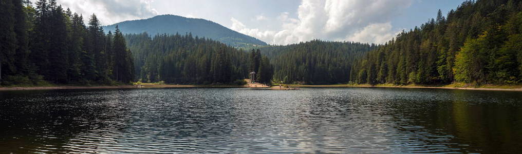 美丽的景色, 山上的湖泊和群山覆盖森林在夏季。受欢迎的旅游景点。乌克兰喀尔巴阡山湖 Sinevir 的梦幻风光