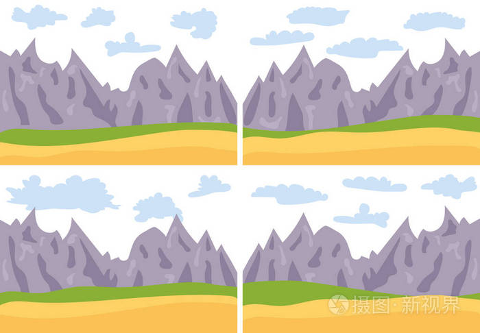 集四幅图像的自然卡通景观在平坦的风格与山脉, 蓝天, 云和丘陵.矢量