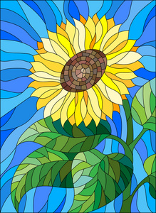 彩绘向日葵在彩色玻璃风格花向日葵在蓝色背景上的插图照片