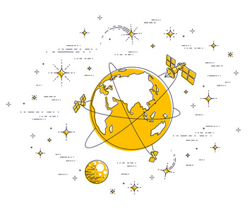行星地球在空间被人造卫星, 星和其他元素包围。全球通信技术主题。在白色上隔离的细线3d 矢量插图