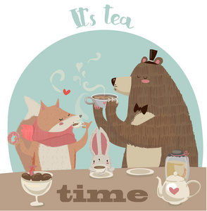 可爱的卡通熊喝下午茶照片
