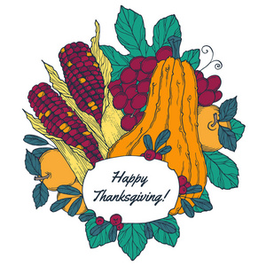 感恩节贺卡与浆果 蔬菜和水果在白色背景上的卡通风格
