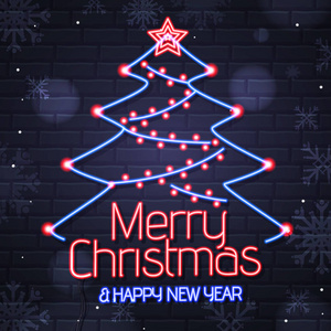 霓虹灯标志圣诞快乐, 新年快乐, 在砖墙背景。圣诞贺卡设计