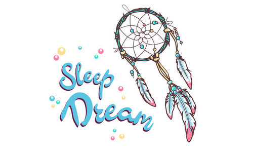 白色手画 dreamcatcher 与花细节和羽毛, 平的种族印刷品设计 dreamcatcher 文字睡眠甜美梦想