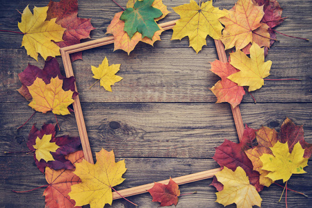 黄色, 橙色, 红色的秋天叶子在木质背景与拷贝 spase 的着色的框架