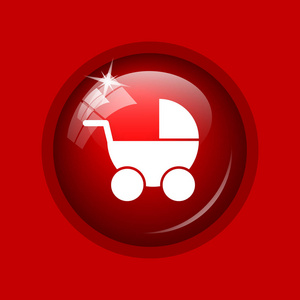 婴儿马车图标。红色背景上的互联网按钮
