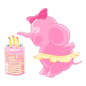 可爱的粉红色大象女孩与弓和裙子吹蜡烛在生日蛋糕。许个愿。矢量插图。t恤打印。贺卡