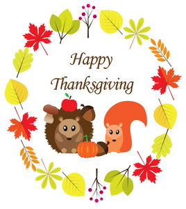 感恩节快乐背景框与落叶和可爱的动物的矢量插图