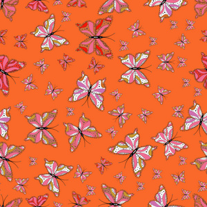 图片为剪贴簿。彩色蝴蝶的无缝背景。艺术蝴蝶在橙色, 粉红色和白色的颜色。矢量插图