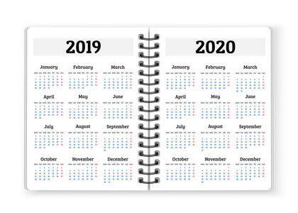 打开带日历的笔记本纸 2019, 2020 年矢量背景