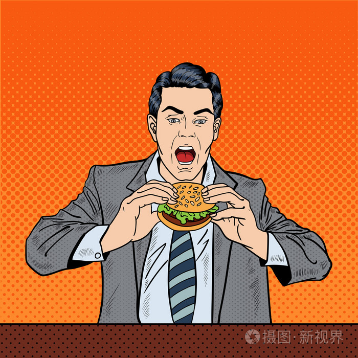 流行艺术商人在工作中吃美味的汉堡. 矢量插图