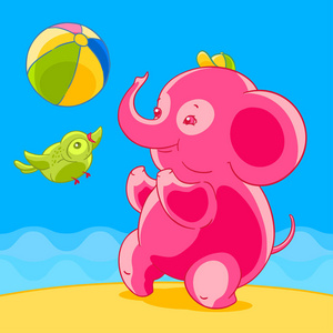 粉红色的大象和鸟在卡通风格的沙滩上打球。矢量插图。t恤打印。贺卡