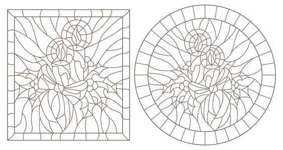 新的一年和圣诞节, 蜡烛, 冬青树枝和缎带, 圆形和方形图像的彩色玻璃风格的轮廓插图集