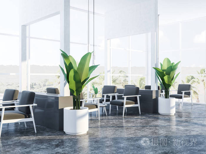 舒适的餐厅角落, 白色的墙壁, 全景窗口与热带景观, 混凝土地板, 咖啡桌和软灰色扶手椅。植物在盆里。3d 渲染