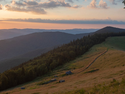 日落在喀尔巴阡山山在 8月, 西部乌克兰。山地牧场的景观, 山坡上覆盖着茂密的森林和黄昏的天空与云。乌克兰风景。背景模糊