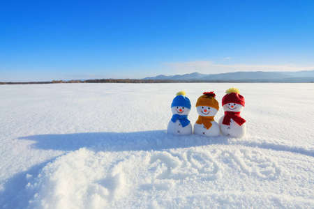 2019写在雪上。带着帽子和围巾的微笑雪人正站在雪地上。风景与山。美好的冬天为奇迹