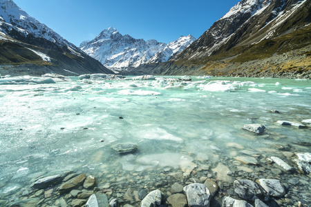 冰山在新西兰库克山与湖