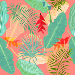 无缝模式的异国情调的丛林植物热带棕榈叶, 花卉载体。自然壁纸。矢量背景