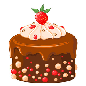 卡通图标巧克力咖啡蛋糕与焦糖糖浆, 草莓和奶油。在白色上隔离的矢量插图。t恤印花