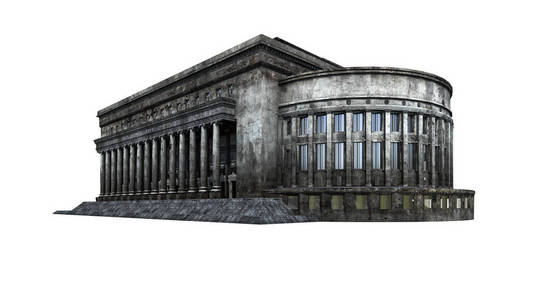邮局大厦废墟。在白色背景下被隔离。3d渲染,插图