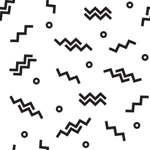 在孟菲斯风格的几何无缝图案, 黑色的对象在白色背景。矢量插图