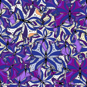 彩色蝴蝶的无缝背景。装饰在蓝色, 紫罗兰色和白色背景为服装设计。矢量插图
