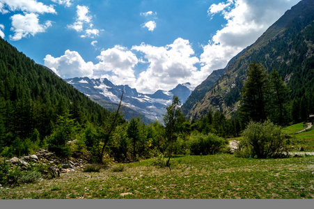 夏日阳光明媚的日子里的高山全景