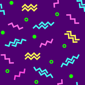 在孟菲斯风格的几何无缝图案, 在深紫色的背景五颜六色的形状。矢量插图