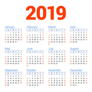 2019年的日历在白色背景。星期从星期日开始。4列, 3 行。简单的日历矢量设计元素为您的海报, 传单, 计划, 卡。信纸设计模