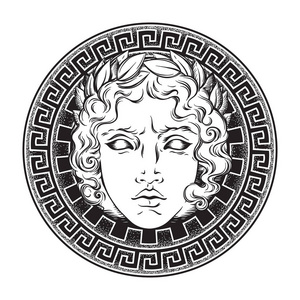 希腊和罗马神阿波罗。手绘仿古风格标志或印刷设计艺术矢量插图