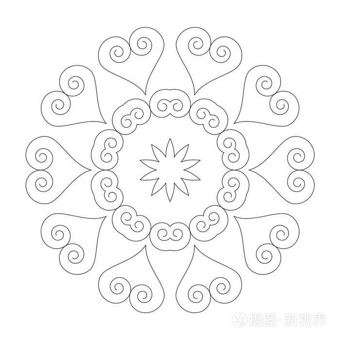 矢量黑白圆形简单的曼荼罗与可爱的爱的心和艺术新兴饰品成人着色书页