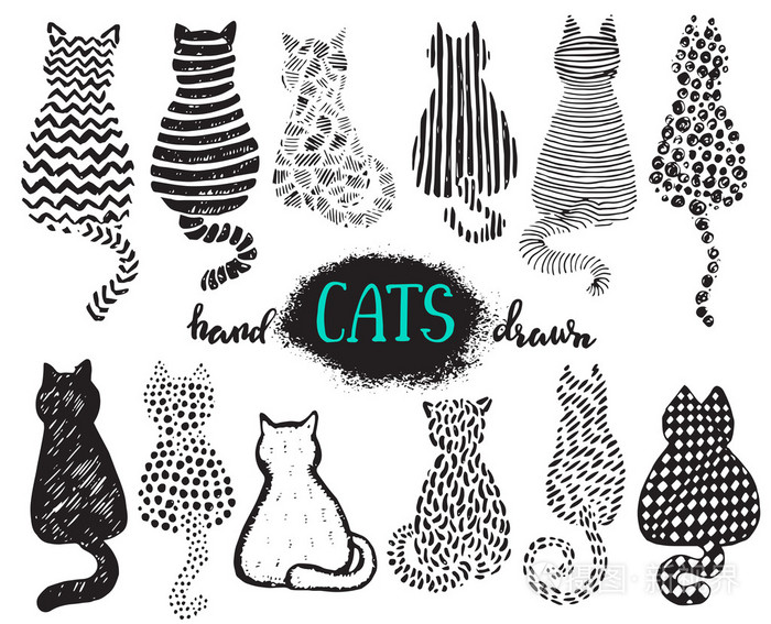 一套手绘纹理猫在图形涂鸦风格