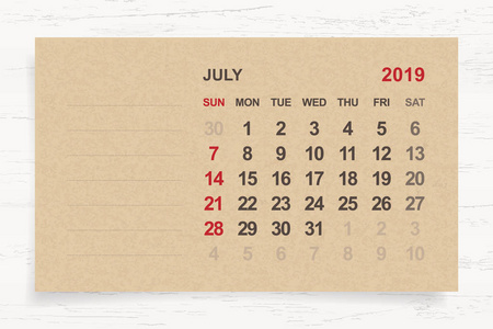 2019年7月月度日历在褐色纸和木背景与区域为笔记。矢量插图
