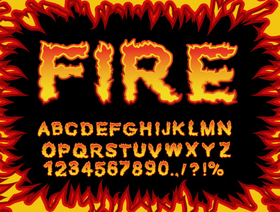 消防字体。 火焰字母表。 火热的信。 燃烧ABC。 热门打字