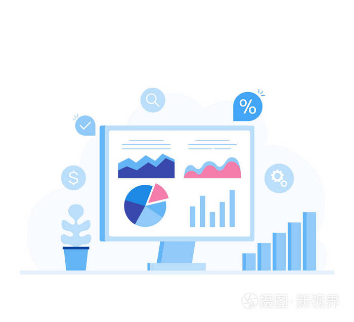 计算机屏幕与数据分析图表和图表.现代平面式矢量插画