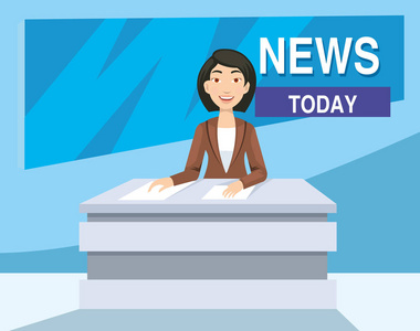 新闻主播女孩在电视新闻今天在演播室照片