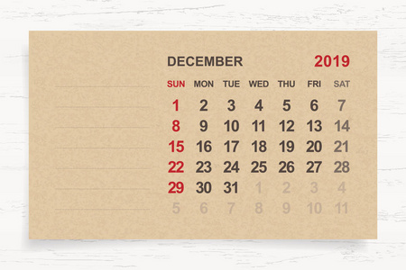 2019年12月月度日历在褐色纸和木背景与区域为笔记。矢量插图