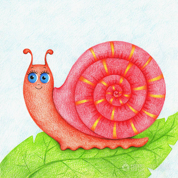 用彩色铅笔在绿叶上画蜗牛的手画