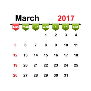 矢量简单的日历 2017 年三月月
