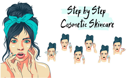 一步一步的面部皮肤护理与图片和例子显示在女孩, 步骤如何使用护肤可爱的风格, 面部护理步骤