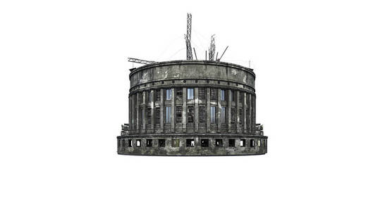 中央银行大厦废墟。在白色背景下被隔离。3d渲染,插图